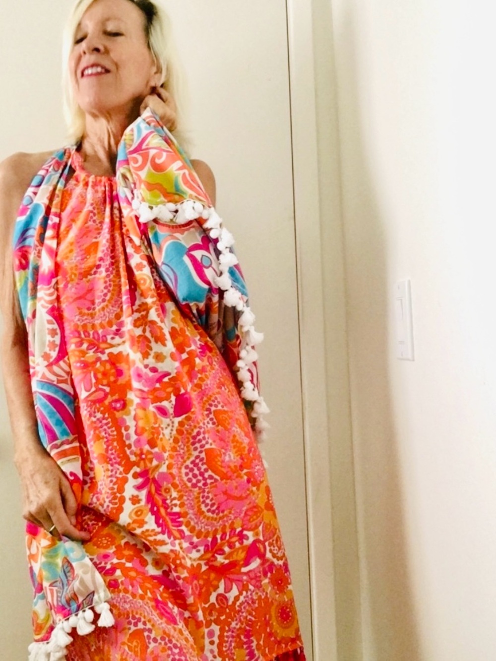 Trina Turk Silk Halter Dress Hot Pink & Orange Floral Print & Tassels S/M Size 2